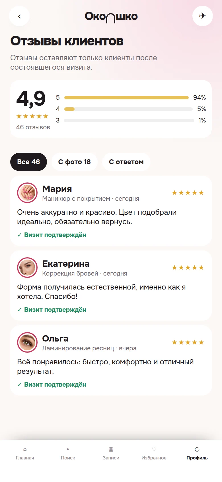 Отзывы только после визита: экран De D'or